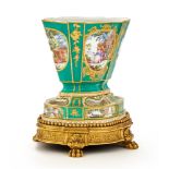 A RARE SÈVRES PORCELAIN GREEN GROUND FLOWER POT & PIERCED STAND, 1760