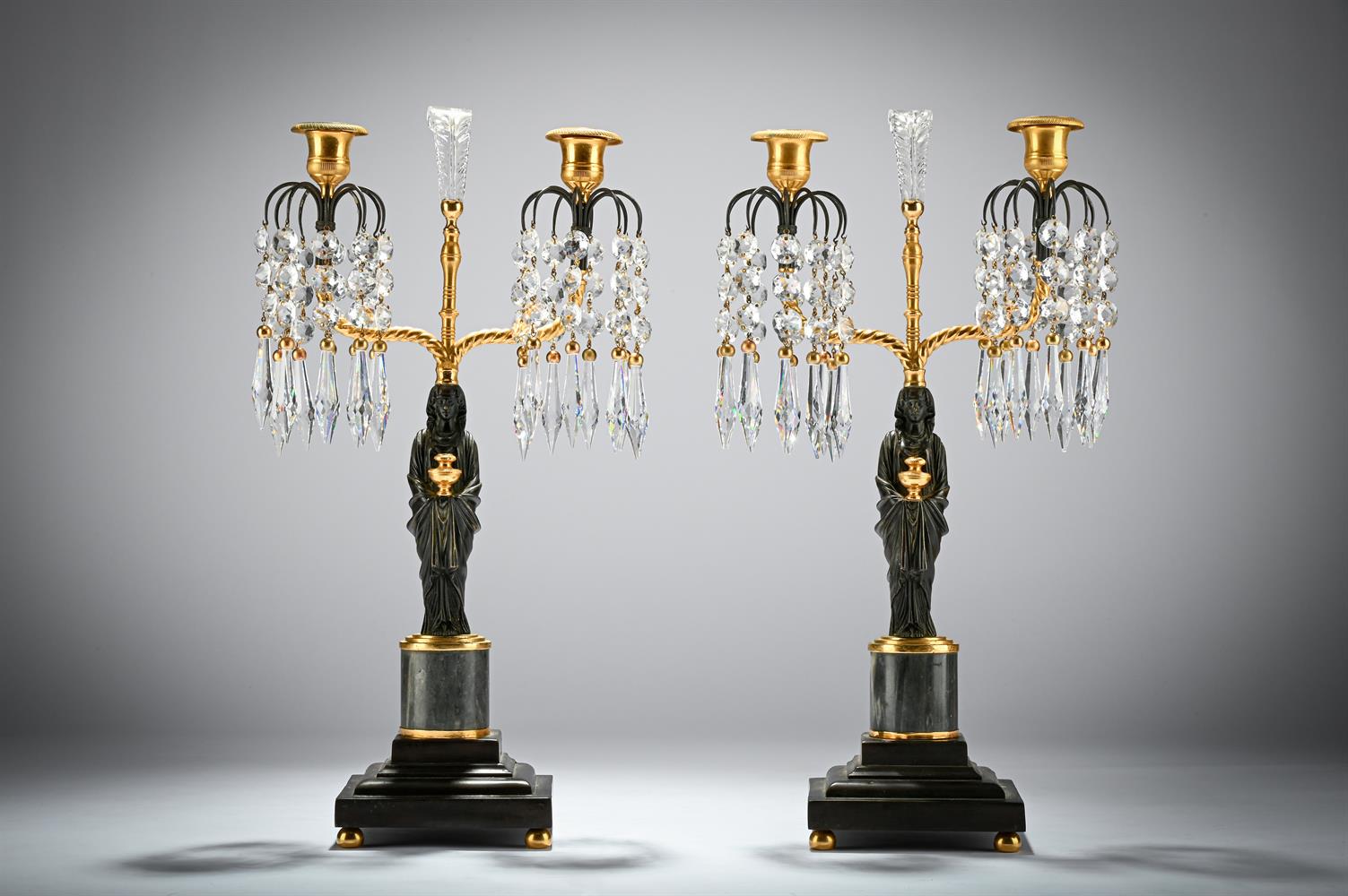 A PAIR OF REGENCY BRONZE FIGURAL TWO LIGHT CANDELABRA, EARLY 19TH CENTURY - Image 2 of 3