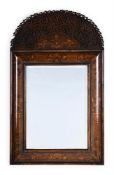 A WALNUT, SPECIMEN MARQUETRY AND FRET WORK MIRROR, LATE 19TH CENTURY OR EARLY 20TH CENTURY