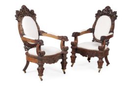 Y ANOTHER PAIR OF ANGLO INDIAN PADOUK AND UPHOLSTERED ARMCHAIRS, CIRCA 1870