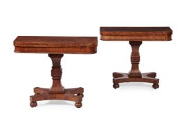 A PAIR OF REGENCY FIGURED MAHOGANY TEA TABLES, IN THE MANNER OF WILLIAM TROTTER, CIRCA 1820