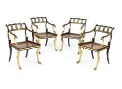 A SET OF FOUR REGENCY SIMULATED COROMANDEL AND PARCEL GILT OPEN ARMCHAIRS, CIRCA 1815