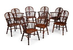 A SET OF EIGHT YEW, ASH AND ELM WINDSOR ARMCHAIRS, IN MID 19TH CENTURY STYLE, 20TH CENTURY