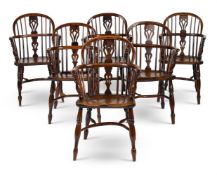 A SET OF SIX YEW AND ELM LOW BACK WINDSOR ARMCHAIRS, BY ELIZABETH GABBITTASS WORKSOP, CIRCA 1840
