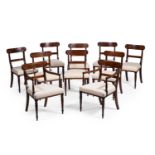 A SET OF TEN GEORGE IV MAHOGANY AND BRASS STRUNG DINING CHAIRS, CIRCA 1825