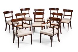 A SET OF TEN GEORGE IV MAHOGANY AND BRASS STRUNG DINING CHAIRS, CIRCA 1825