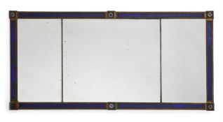 A GILTWOOD AND BLUE GLASS TRIPTYCH OVERMANTLE MIRROR, 20TH CENTURY