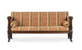Y A REGENCY CARVED ROSEWOOD AND UPHOLSTERED SETTEE, CIRCA 1820
