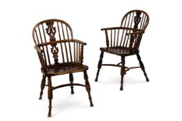 A PAIR OF YEW AND ELM LOW BACKED WINDSOR ARMCHAIRS, BY GEORGE NICHOLSON, ROCKLEY, CIRCA 1835