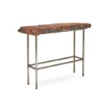 AN OLIVEWOOD AND STEEL SIDE TABLE, OF RECENT MANUFACTURE