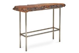 AN OLIVEWOOD AND STEEL SIDE TABLE, OF RECENT MANUFACTURE