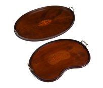 A GEORGE III MAHOGANY AND INLAID OVAL TWIN HANDLED TRAY, LATE 18TH CENTURY AND ANOTHER SIMILAR