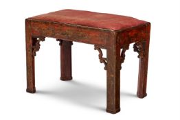 A RED AND GILT CHINOISERIE LACQUER STOOL IN GEORGE III STYLE, LATE 19TH CENTURY