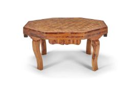 A THUYA, FRUITWOOD, OLIVEWOOD PARQUETRY AND GRAINED LOW TABLE, MOROCCO, LATE 20TH CENTURY