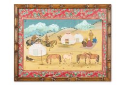 20TH CENTURY SCHOOL, MONGOLIAN HILL CAMP WITH HORSES AND TENT