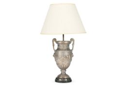 A WHITE METAL URN TABLE LAMP, 20TH CENTURY