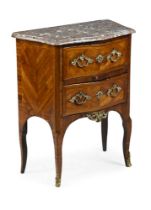 Y A SMALL KINGWOOD, ORMOLU MOUNTED, AND MARBLE TOPPED COMMODE, IN LOUIS XV STYLE, 19TH CENTURY