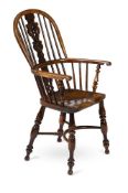 A BURR YEW, YEW, AND ELM HIGH BACK WINDSOR ARMCHAIR, SECOND QUARTER 19TH CENTURY