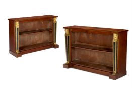 A PAIR OF MAHOGANY, EBONISED AND PARCEL GILT OPEN BOOKCASES IN REGENCY 'EGYPTIAN REVIVAL' STYLE