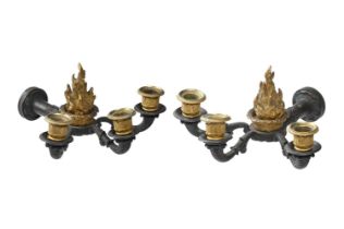 A PAIR OF FRENCH EMPIRE GILT AND PATINATED BRONZE THREE BRANCH WALL LIGHTS, EARLY 19TH CENTURY