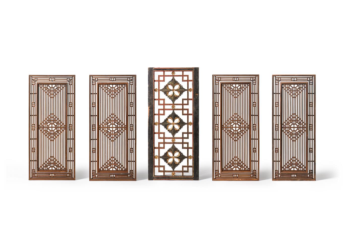 FOUR CHINESE LATTICE WOOD WINDOWS, QING DYNASTY, AND ANOTHER SIMILAR