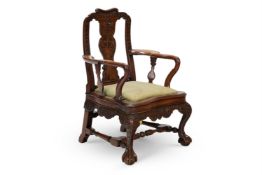 A TEAK OPEN ARMCHAIR, ANGLO-INDIAN, PROBABLY CEYLONESE, 19TH CENTURY