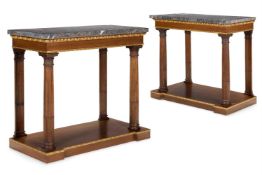 A PAIR OF PARCEL GILT OAK CONSOLE TABLES, INCORPORATING LATE 19TH CENTURY ELEMENTS, MODERN