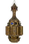 A LARGE PIERCED BRASS LANTERN, MORROCAN OR TURKISH, EARLY 20TH CENTURY