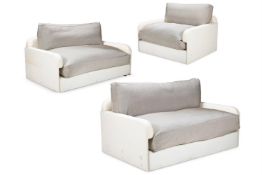 A PAIR OF CALICO COVERED SOFAS, MODERN, AND ANOTHER SMALLER EXAMPLE