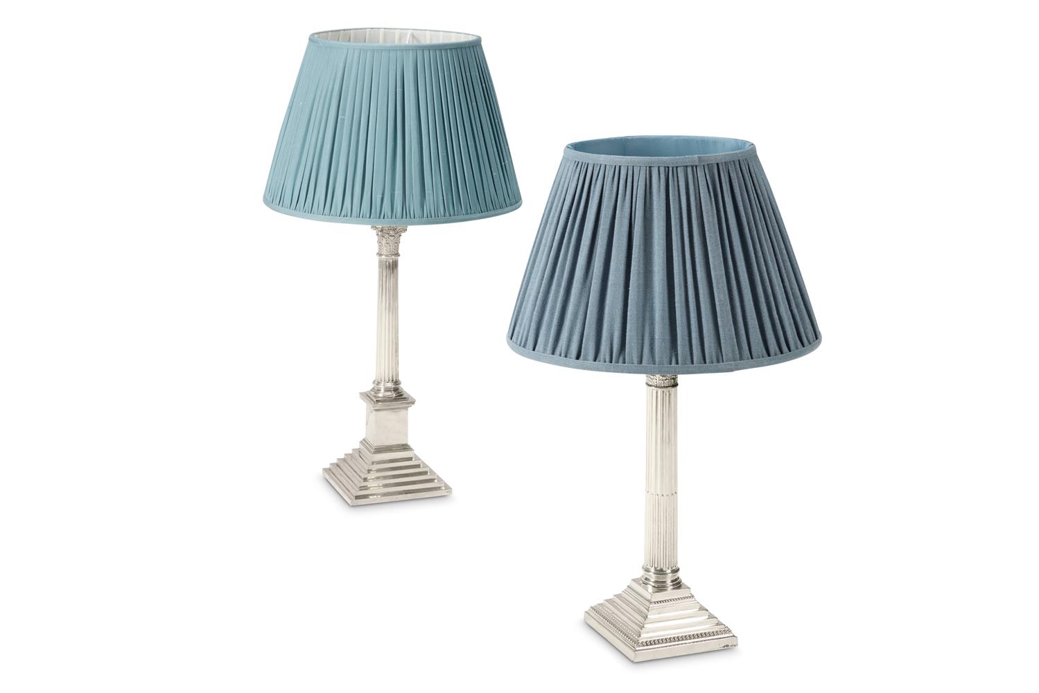TWO SILVER PLATED COLUMN LAMPS, 20TH CENTURY