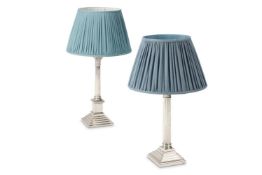 TWO SILVER PLATED COLUMN LAMPS, 20TH CENTURY