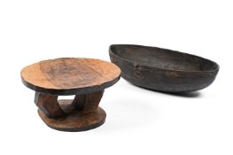 A CARVED WOODEN BOWL, PROBABLY AFRICAN, 20TH CENTURY, TOGETHER WITH A SMALL AFRICAN WOODEN STOOL