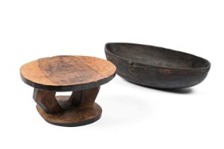 A CARVED WOODEN BOWL, PROBABLY AFRICAN, 20TH CENTURY, TOGETHER WITH A SMALL AFRICAN WOODEN STOOL