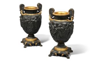 A PAIR OF PATINATED AND GILT URNS OF ATTIC KRATER FORM, 19TH CENTURY