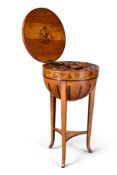 A BIEDERMEIER FRUITWOOD AND MARQUETRY CIRCULAR WORK TABLE, 19TH CENTURY