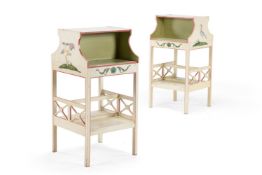 A PAIR OF POLYCHROME-PAINTED THREE-TIER DOUBLE-SIDED END TABLES, 20TH CENTURY