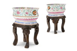A PAIR OF CHINESE EXPORT FAMILLE ROSE OVAL BASINS OR WINE CISTERNS, QIANLONG (1736-1795)