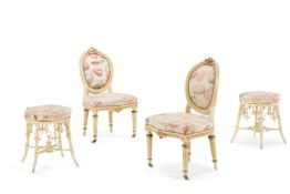 A PAIR OF LOUIS XVI REVIVAL PARCEL-GILT AND CREAM-PAINTED SIDE CHAIRS, MID 19TH CENTURY