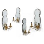 A SET OF FOUR QUEEN ANNE STYLE ETCHED AND BRASS MOUNTED MIRROR SCONCES, EARLY 20TH CENTURY