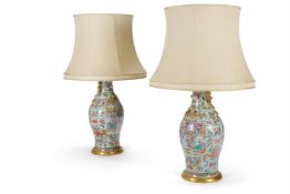 A LARGE PAIR OF ENAMELLED PORCELAIN LAMPS, CANTONESE