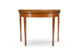 Y A GEORGE III SATINWOOD, BRAZILIAN ROSEWOOD AND TULIPWOOD CROSSBANDED D-SHAPED CARD TABLE