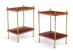 A PAIR OF GILT DECORATED CINNABAR LACQUER AND BRASS TWO TIER ETAGERES, 20TH CENTURY
