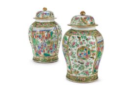 A LARGE PAIR OF ENAMELLED PORCELAIN VASES AND COVERS, CANTONESE
