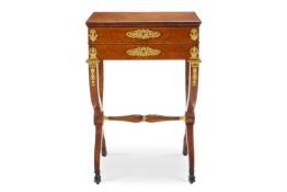 A LOUIS PHILIPPE GILT METAL MOUNTED AMBOYNA WORK TABLE, CIRCA 1840
