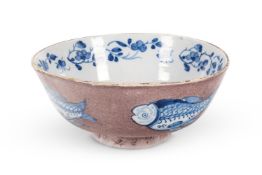 AN ENGLISH DELFT POLYCHROME PUNCH BOWL, MID 18TH CENTURY