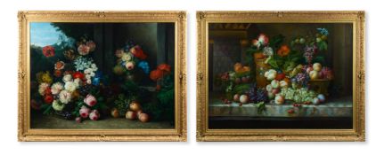 CONTINENTAL SCHOOL (20TH CENTURY), A PAIR OF STILL LIFES OF FLOWERS AND FRUITS