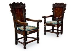 A PAIR OF OAK AND MARQUETRY WAINSCOT ARMCHAIRS, 19TH CENTURY