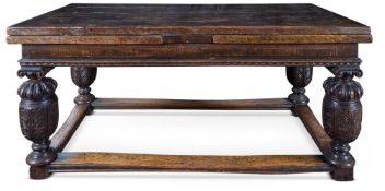 A TUDOR STYLE OAK AND MARQUETRY DRAW LEAF TABLE, 19TH CENTURY