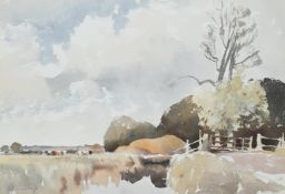 λ EDWARD SEAGO (BRITISH 1910-1974), CATTLE IN A RIVER LANDSCAPE WITH WOODLAND BEYOND