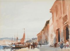λ EDWARD SEAGO (BRITISH 1910-1974), FIGURES IN A HARBOUR